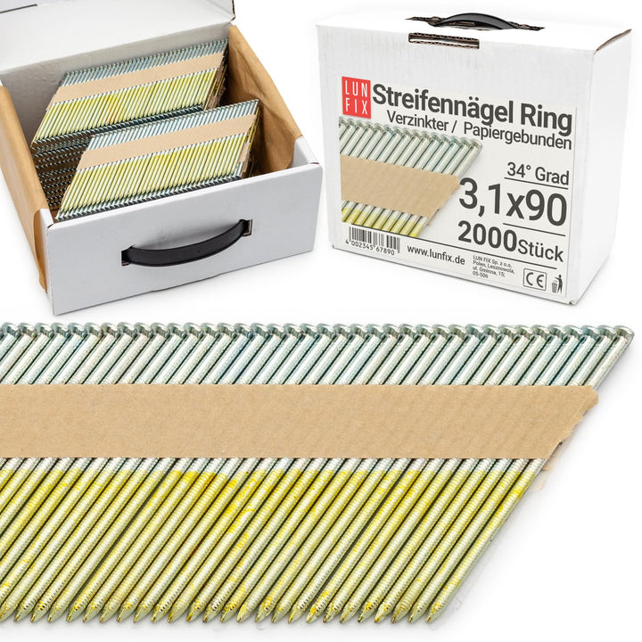 34° Ringschaftnägel 3,1x90 mm aus Stahl verzinkt, papiergebunden auf Streifen – Packung 2000 Stk. –