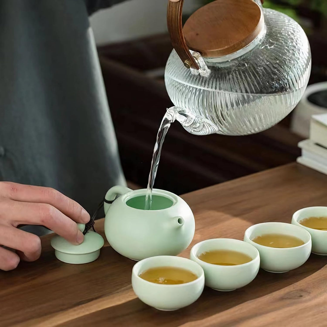 Teekanne Sets, Chinesisches Kungfu Teeservice, Keramik Teekanne mit 4 Tassen und Teedose Tablett, Al