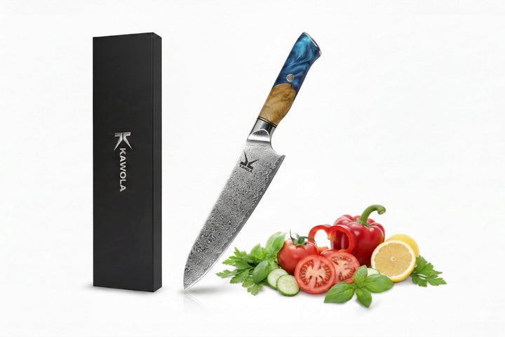 KAWOLA Damast Küchenmesser Santoku Kochmesser 21cm I Küchenmesser Damaststahl I Santoku Messer Damas