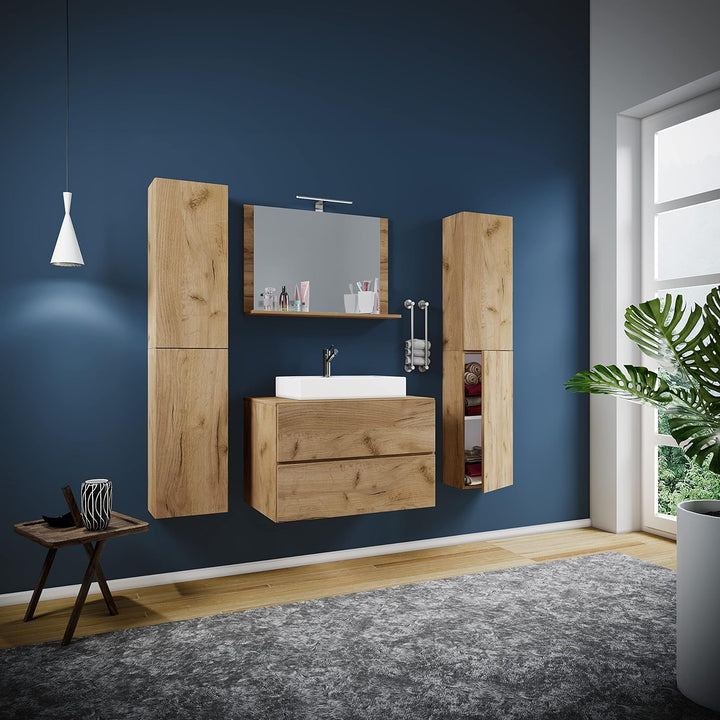 VCM 5-TLG. Waschplatz Waschtisch Badmöbel Set Waschbecken Lendas XL Schublade 80, Honig-Eiche, Honig