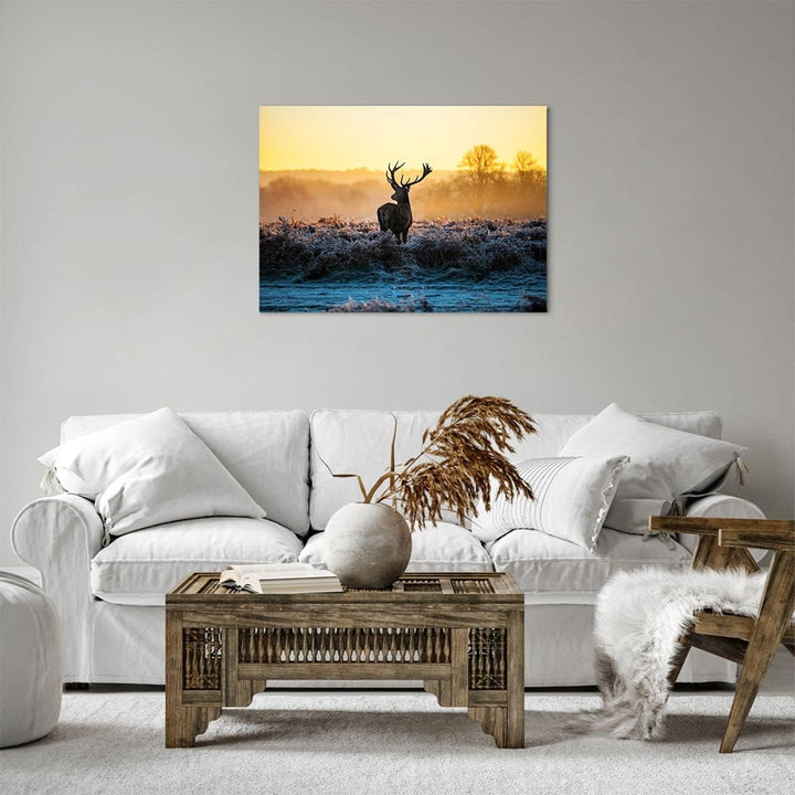 ARTTOR Bilder auf Leinwand Feld Nebel Natur Baum Leinwandbild 70x50cm Wandbilder Dekoration Wohnzimm