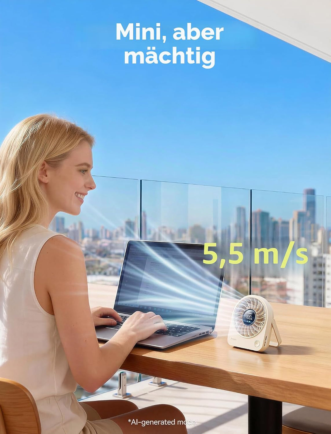 Aecooly Mini Ventilator Tischmodell, Usb-Geladen 4 Windstufen Leise Akku-Ventilator, 10 Stunden Akku