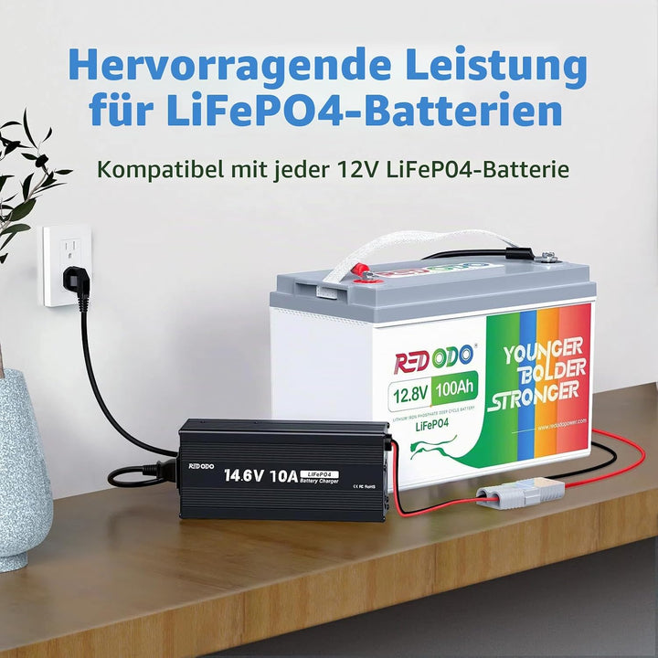 Redodo 14,6V 10A Lifepo4 Batterieladegerät für Lithium-Eisenphosphat-Batterien, unterstützt schnelle