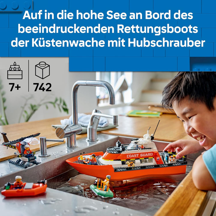 LEGO City Rettungsboot der Küstenwache mit Hubschrauber - Spielzeug Einsatzfahrzeug - Set mit schwim