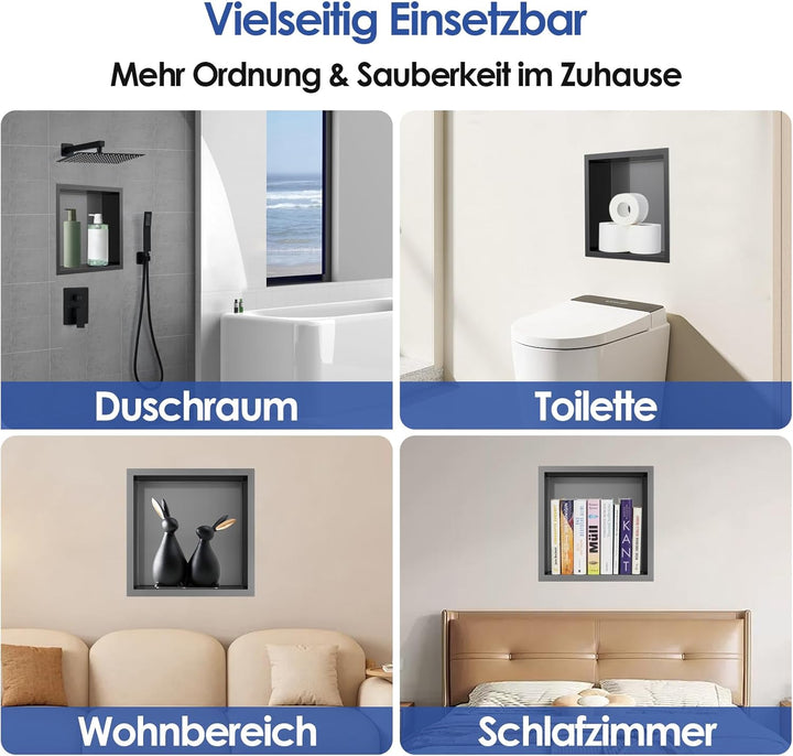 ROVOGO 30x30x10cm Nano Schwarz Wandnische Dusche Edelstahl, Eingebettete Duschnische Einzelregal Lag