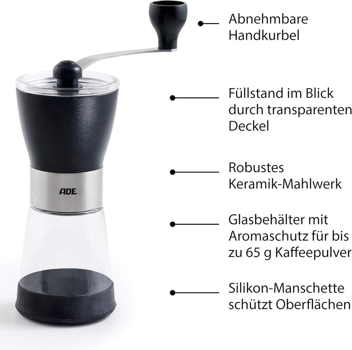 ADE Manuelle Kaffeemühle mit Kegel-Keramikmahlwerk | stufenloser Mahlgrad | für 65 g Kaffeepulver