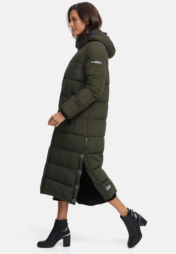 Navahoo Damen Wintermantel Warmer Steppmantel lang mit Abnehmbarer Kapuze Isalie XS-XXL XL Dark Oliv