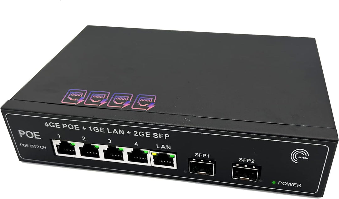 Elfcam® - PoE Switch Glasfaser mit 2 Ports SFP 1,25 GB, 4 Ports PoE Gigabit Ethernet 10/100/1000 Mbp