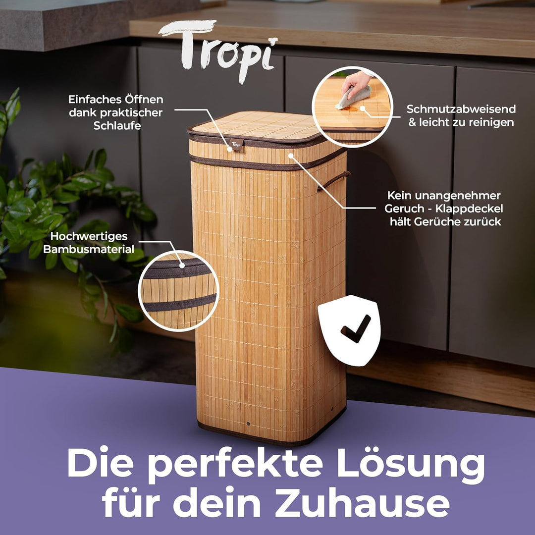 Tropi® Bambus Müllsackständer für Gelbe Säcke – 80L Gelber Sack Ständer mit Deckel & Sichtschutz – E