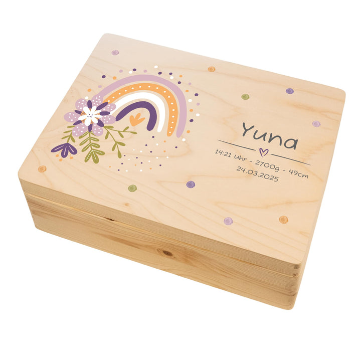 LARIFEE Erinnerungskiste personalisiert Regenbogen Blumen mit Name – Baby Erinnerungsbox Holz mittel