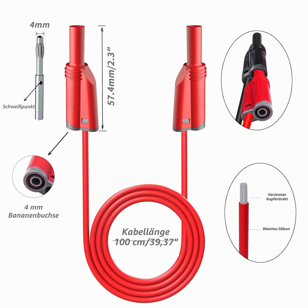 Cleqee 30 Stück Bananenstecker Silikon Testleitungen-Set, 4 mm vollständig isoliert, Sicherheitsumma