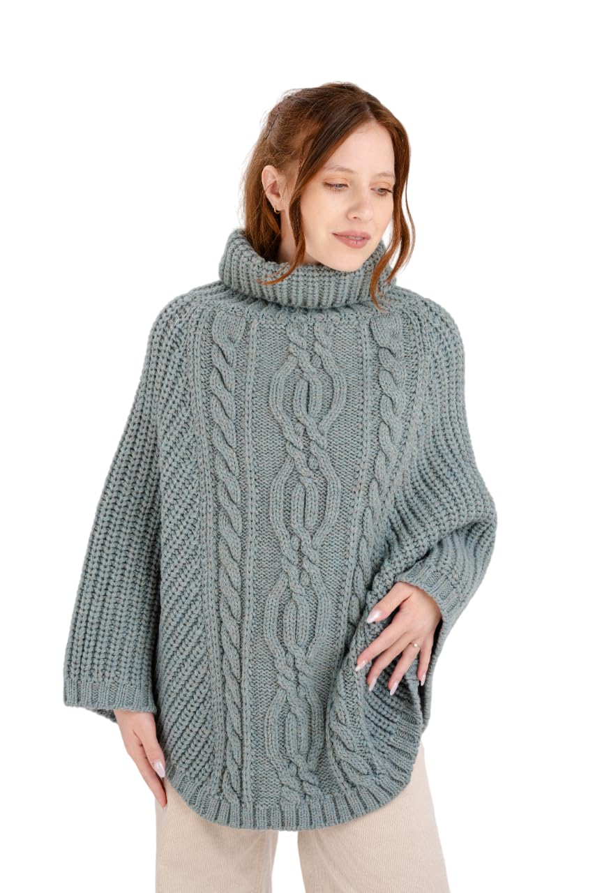 SAOL Damen Strickjacke aus 100% Merinowolle Zopfmuster Irische Aran Poncho Einheitsgrösse Skylight,