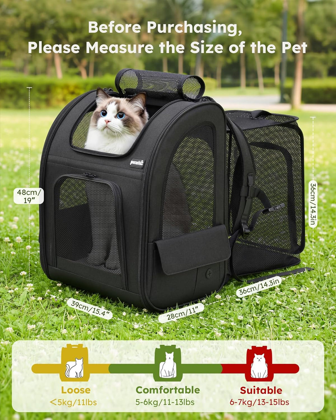 pecute Hunderucksack Erweiterbar XL für 6-10 kg, Faltbar Katzenrucksack Katzen mit Anti-offener Reis