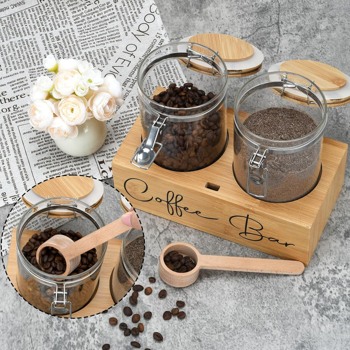 Kaffeedosen-Set aus Glas mit Bambusregal und Löffel, 2 luftdichte Behälter (je 1,3 l) für Kaffeebohn