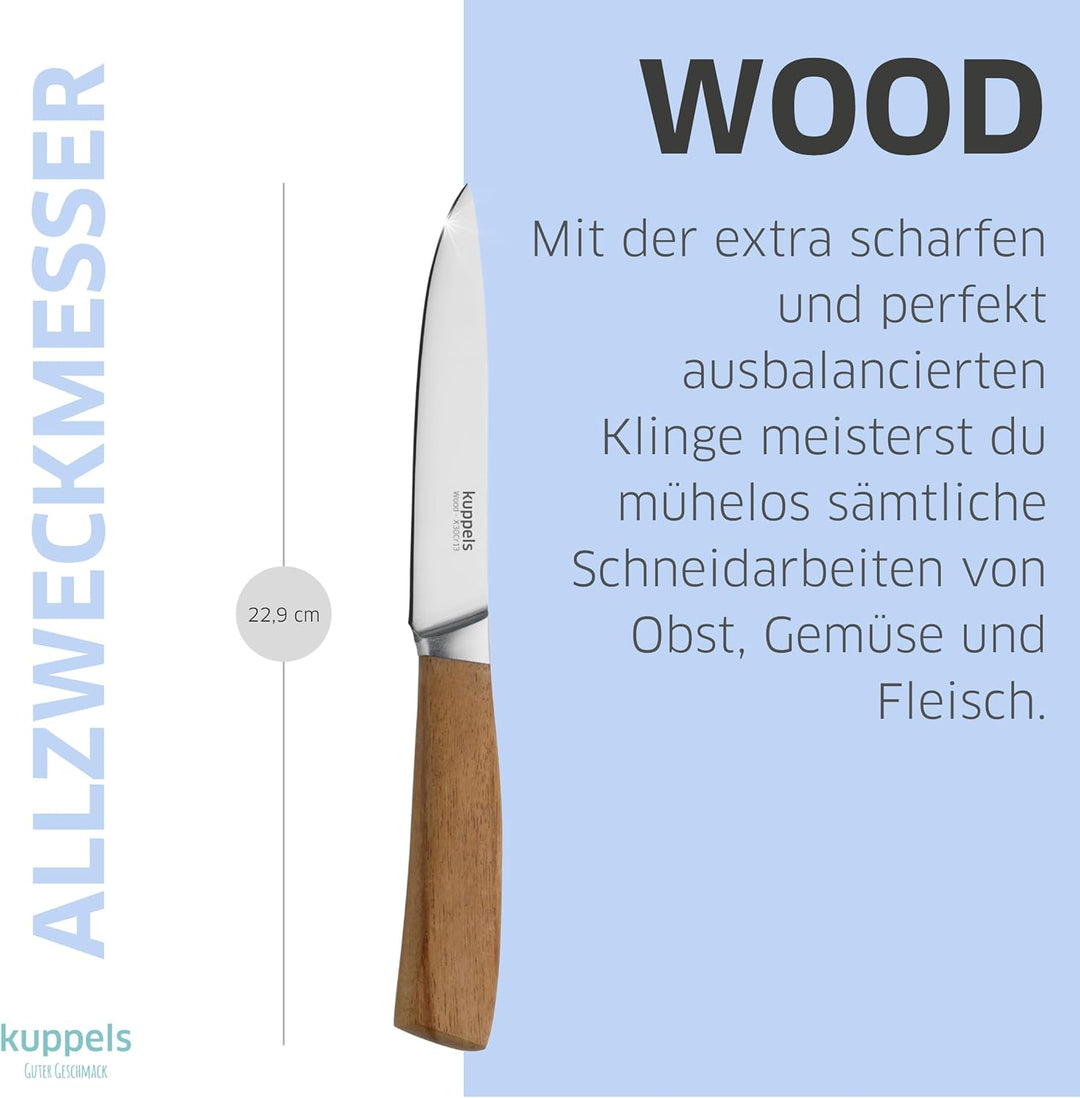 Kuppels Allzweckmesser WOOD | Klingenlänge 12 cm | scharfes Küchenmesser mit Akazienholzgriff | Klin