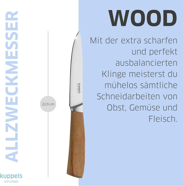 Kuppels Allzweckmesser WOOD | Klingenlänge 12 cm | scharfes Küchenmesser mit Akazienholzgriff | Klin