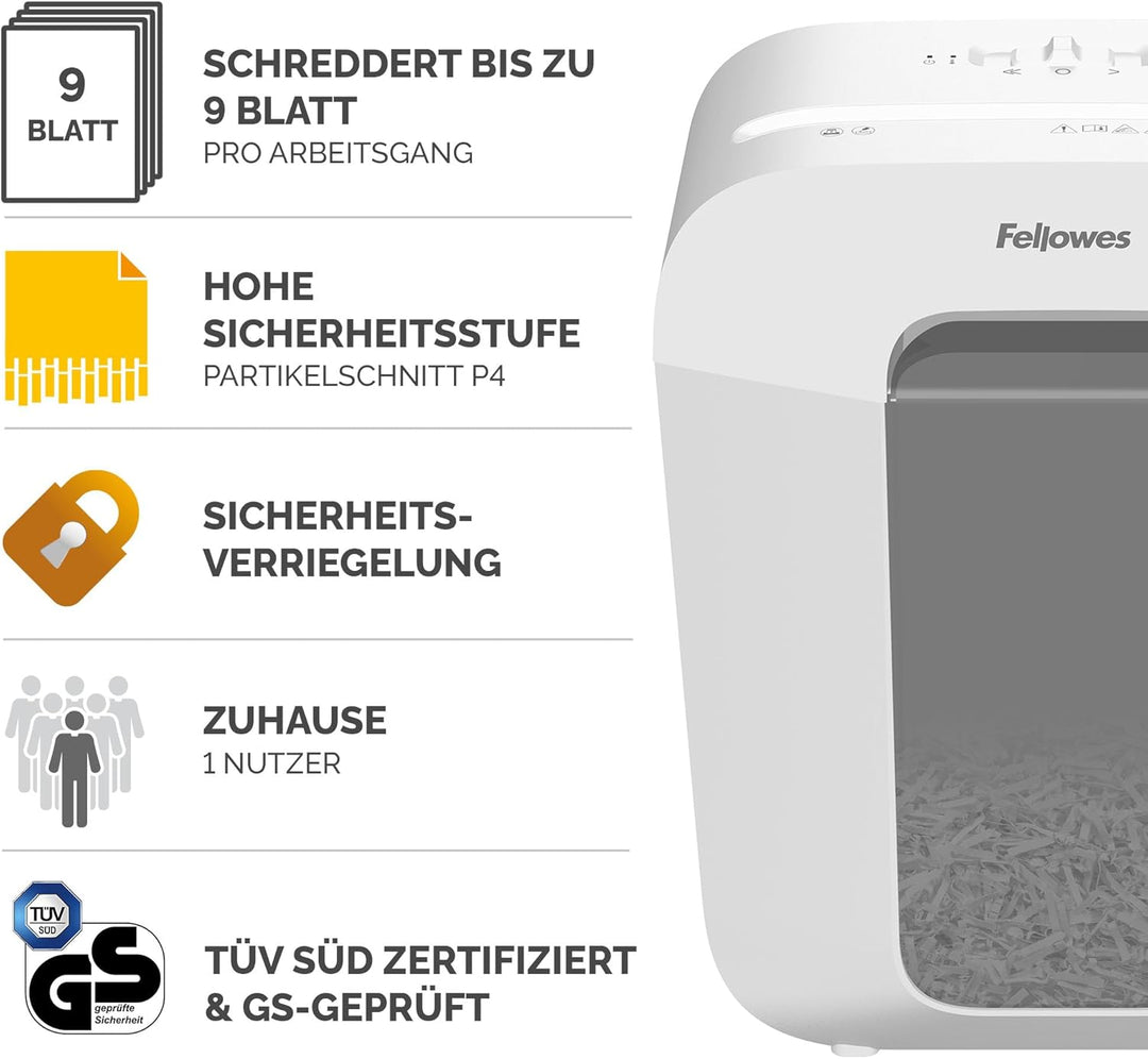 Fellowes FS-9C Aktenvernichter, Kreuzschnitt, 9 Blatt, P4, 17L Behälter, Sicherheitsschloss, zerklei