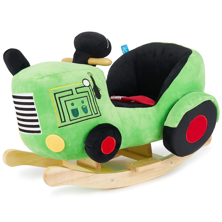 Bieco Plüsch Schaukeltier Traktor 60 cm | Kinder Schaukelstuhl mit Sicherheitsgurt | Baby Schaukel |