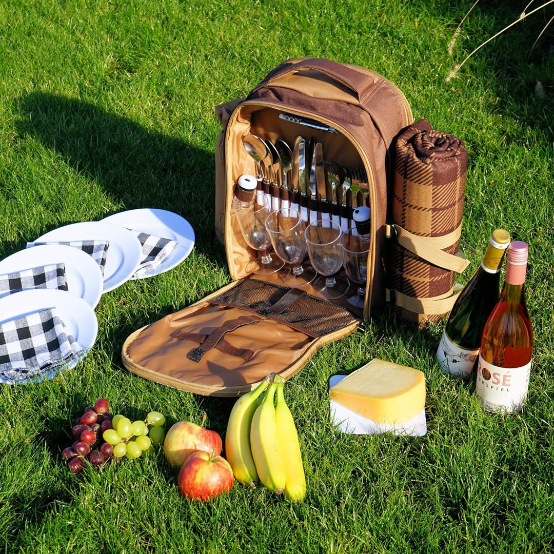 CampFeuer Picknickrucksack für 4 Personen (Braun) | Picknickset 32-teilig | inkl. Flaschenhalter und