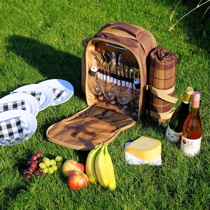 CampFeuer Picknickrucksack für 4 Personen (Braun) | Picknickset 32-teilig | inkl. Flaschenhalter und