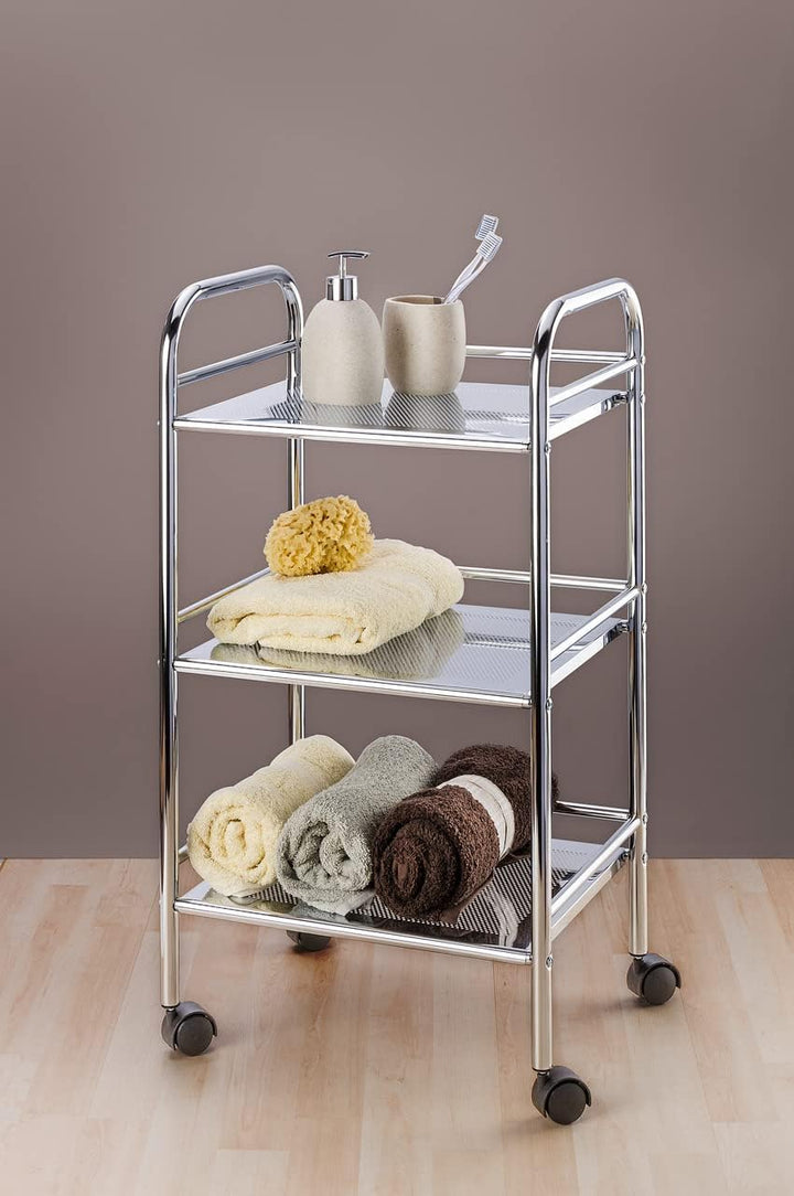 WENKO Rollwagen Exclusiv mit 3 Ablagen, rollbarer Küchenwagen aus verchromtem Stahl, 41 x 75 x 32 cm