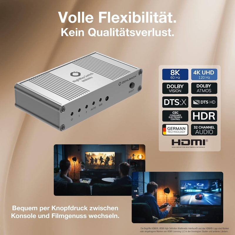 OEHLBACH Highway Switch 8K - HDMI 2.1 Umschalter - 2 In 1 Out HDMI-Adapter mit Fernbedienung (4K 120