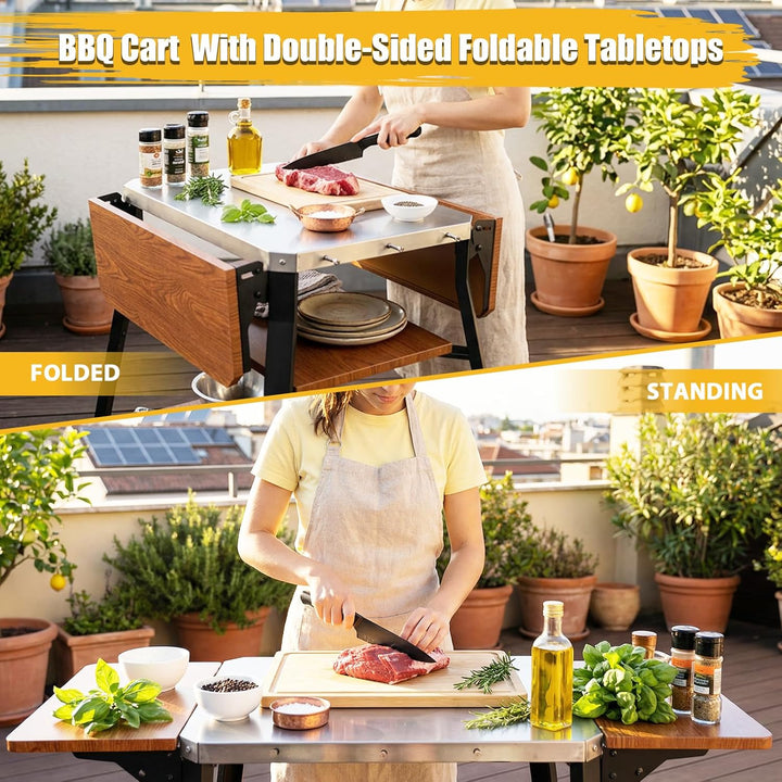 GFTIME Grillwagen mit Edelstahl-Arbeitsplatte, BBQ Wagen mit 2 klappbaren Seitenablagen & 2 Ablagebö