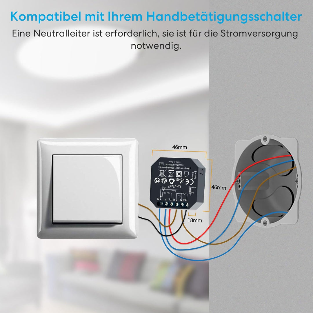 LoraTap Funk-Schalter Set Funk-Empfänger mit Funk-Wandschalter inkl. magnetischer Wandhalterung 230V