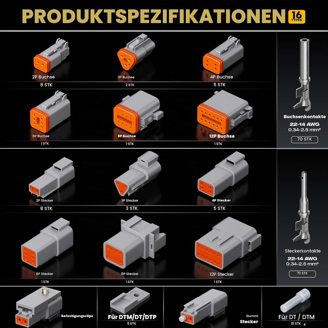 DxCRIMP Crimpzange Deutsch Stecker Set, 2/3/4/6/8/12 polig DT Steckverbinder Kfz Wasserdichter Set,