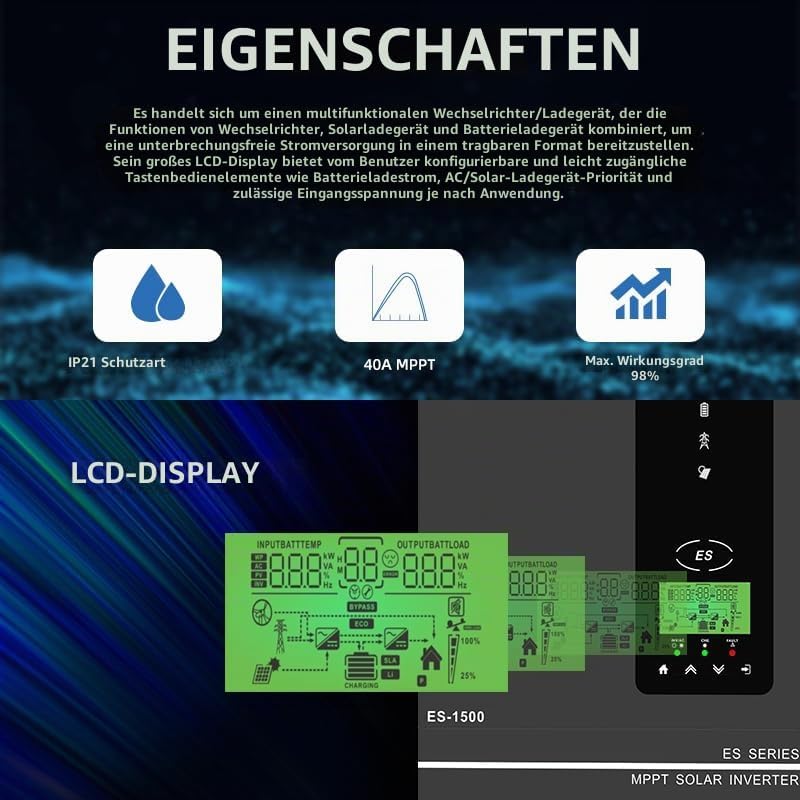 Anern 1000W Hybrid Wechselrichter Solar 12V DC auf 220V/230V AC mit 80A MPPT Solarregler Max. PV-Ein
