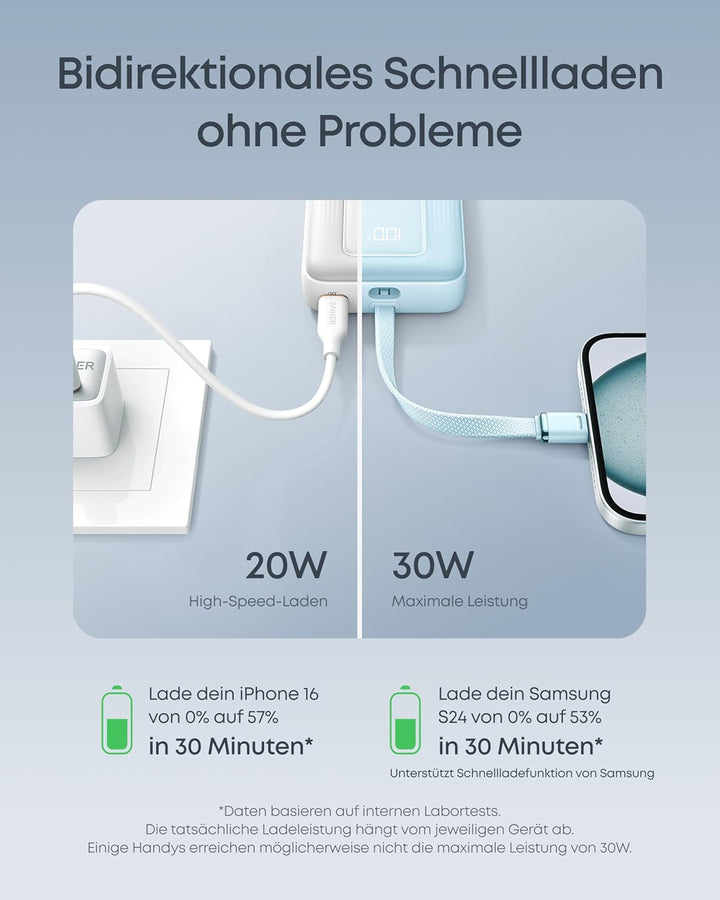 Anker Zolo Powerbank, 10.000mAh 30W High-Speed portables Ladegerät mit integriertem USB-C Kabel, Sch
