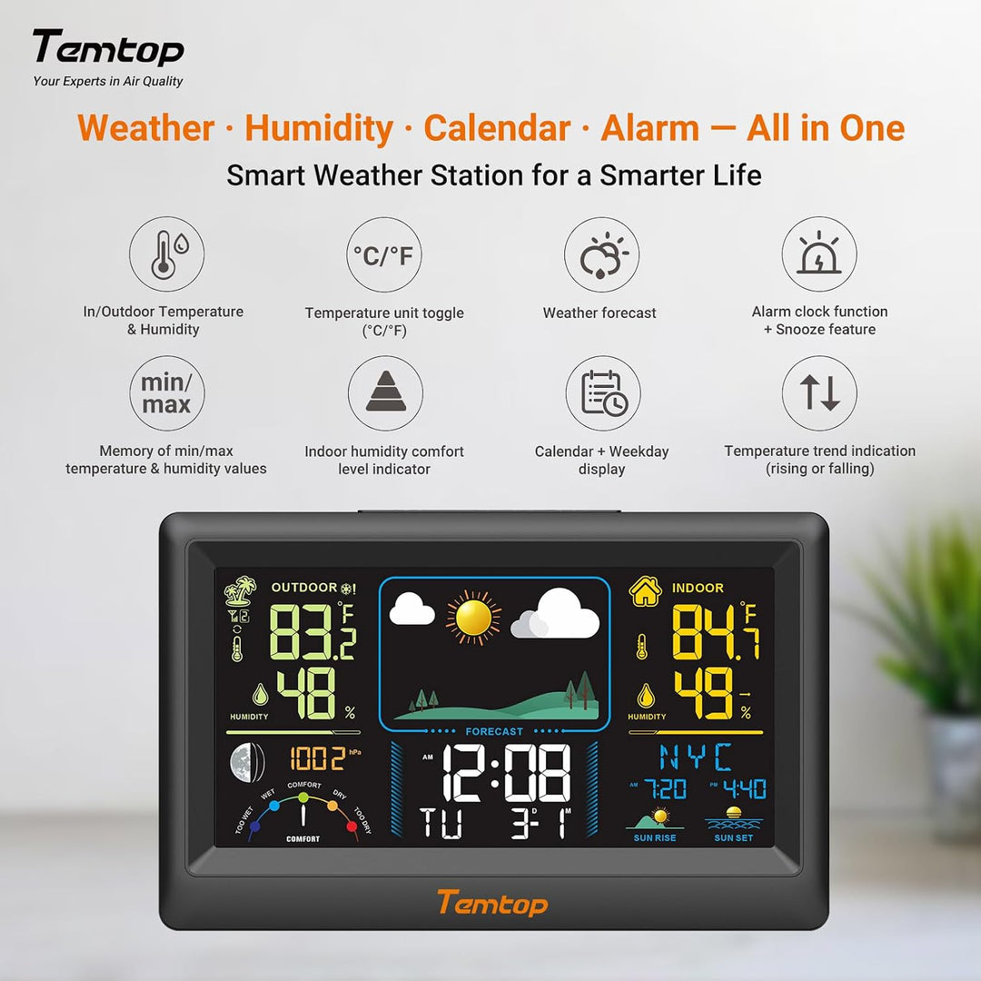 Temtop Digitales Wetterstation mit Aussensensor, Wettervorhersage, Temperatur und Luftfeuchtigkeit I