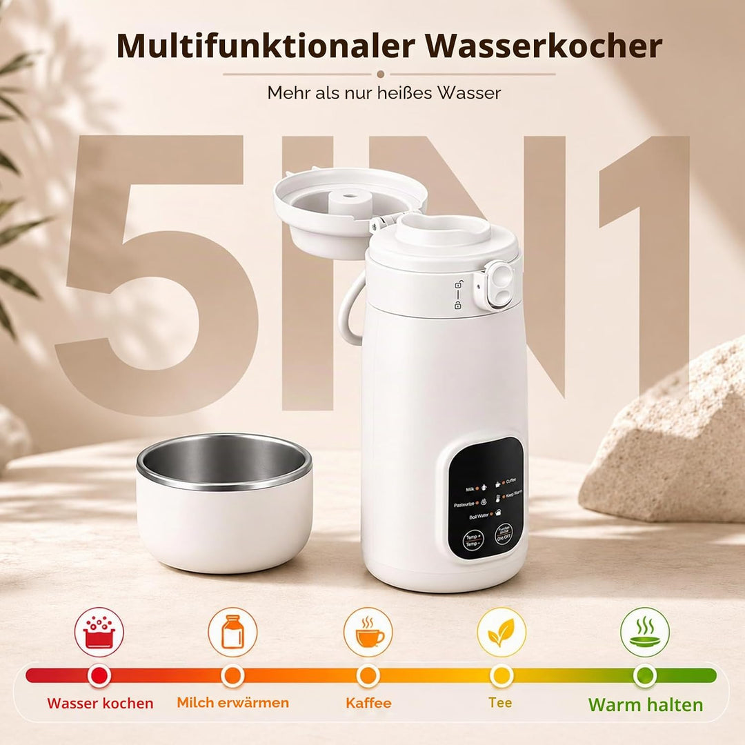 Elektrischer Reisewasserkocher Klein, 500ML Mini Wasserkocher 316 Edelstahl, 8 Sekunden Schnellheizu