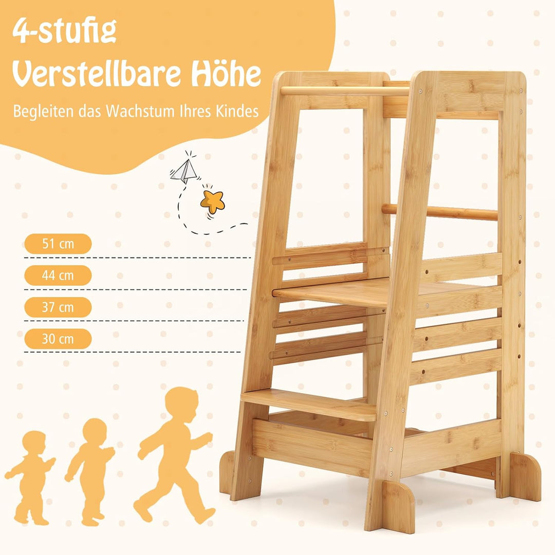 COSTWAY Lernturm Kinder aus Bambus, Tritthocker Montessori mit 4 verstellbaren Höhen & Sicherheitsge