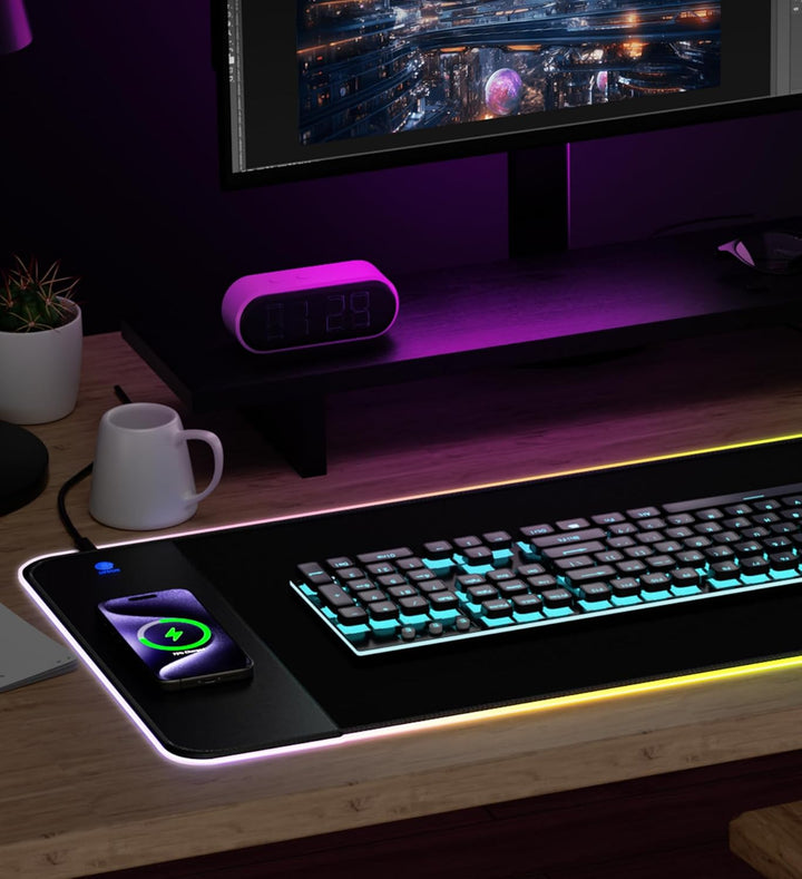RGB-Gaming-Mauspad mit 15 W kabelloser Aufladung,XXL grosses LED-Schreibtischpad mit 14 Lichtmodi,er