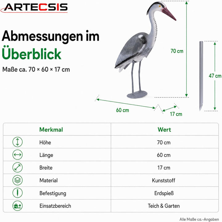 ARTECSIS® 2 x Kunststoff-Fischreiher Attrappe (70 cm) mit Erdspiess aus Kunststoff - Gartenteich Rei