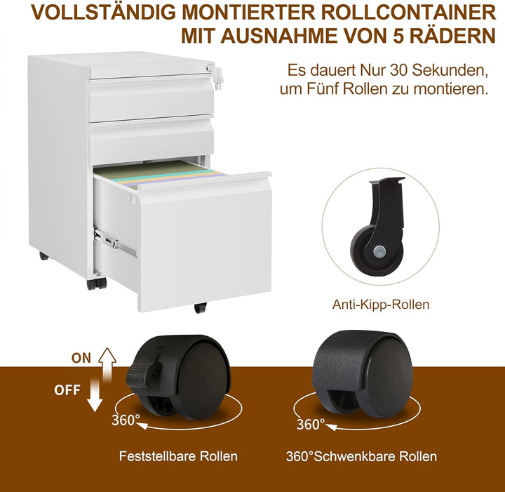 Rollcontainer, Aktenschrank Abschliessbar mit 4 Schlüsseln, Aktenschrank unter Schreibtisch, mit 3 S