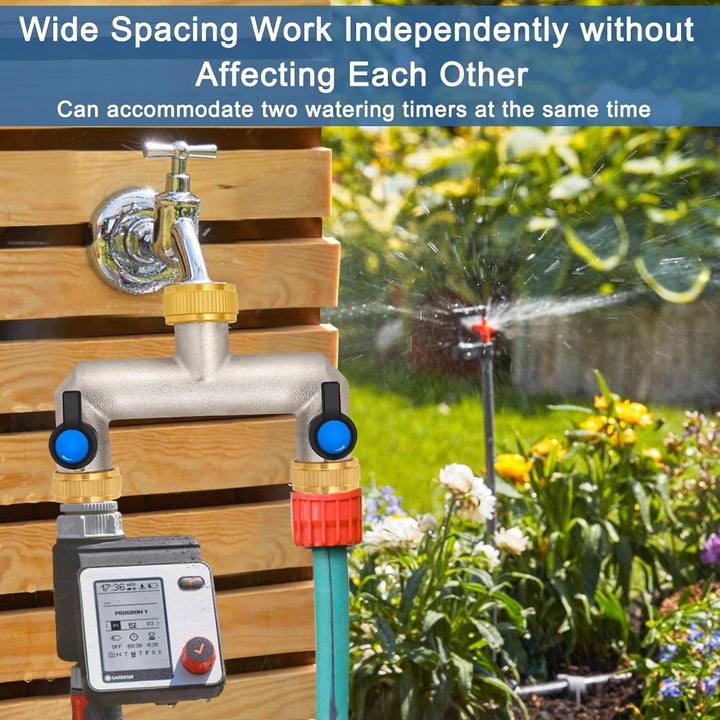 2-Wege Wasserhahn Wasserverteiler aus Messing für 2 Geräte/Gartenschläuche, 2er Verteiler 3/4" Adapt