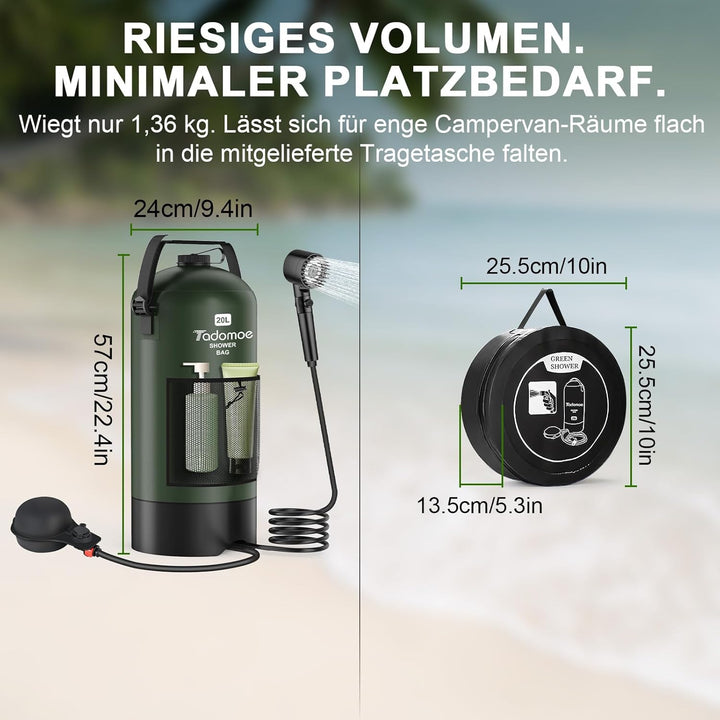 20 Liter Camping Dusche mit Fussluftpumpe, Solardusche mit Camping-Tasche Und Düse für Camping Stran
