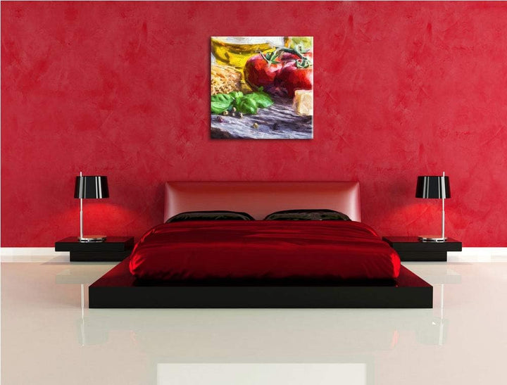 Pixxprint Spaghetti mit Tomaten und Parmesan, Format: 70x70 auf Leinwand, 70x70