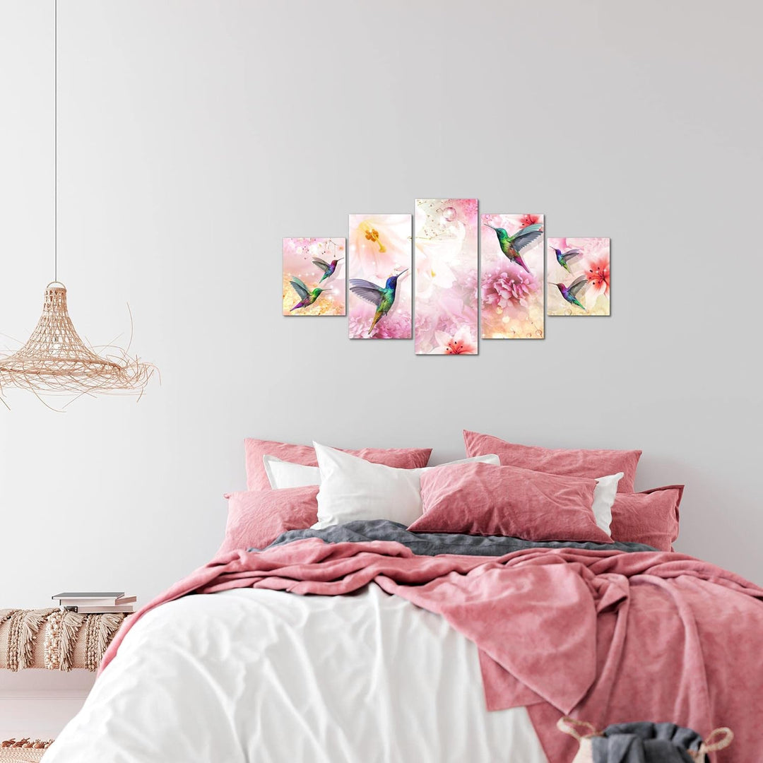 Runa Art Wandbilder Blumen Kolibri 5 Teilig Bild auf Vlies Leinwand Deko Wohnzimmer Vintage Rosa Bun