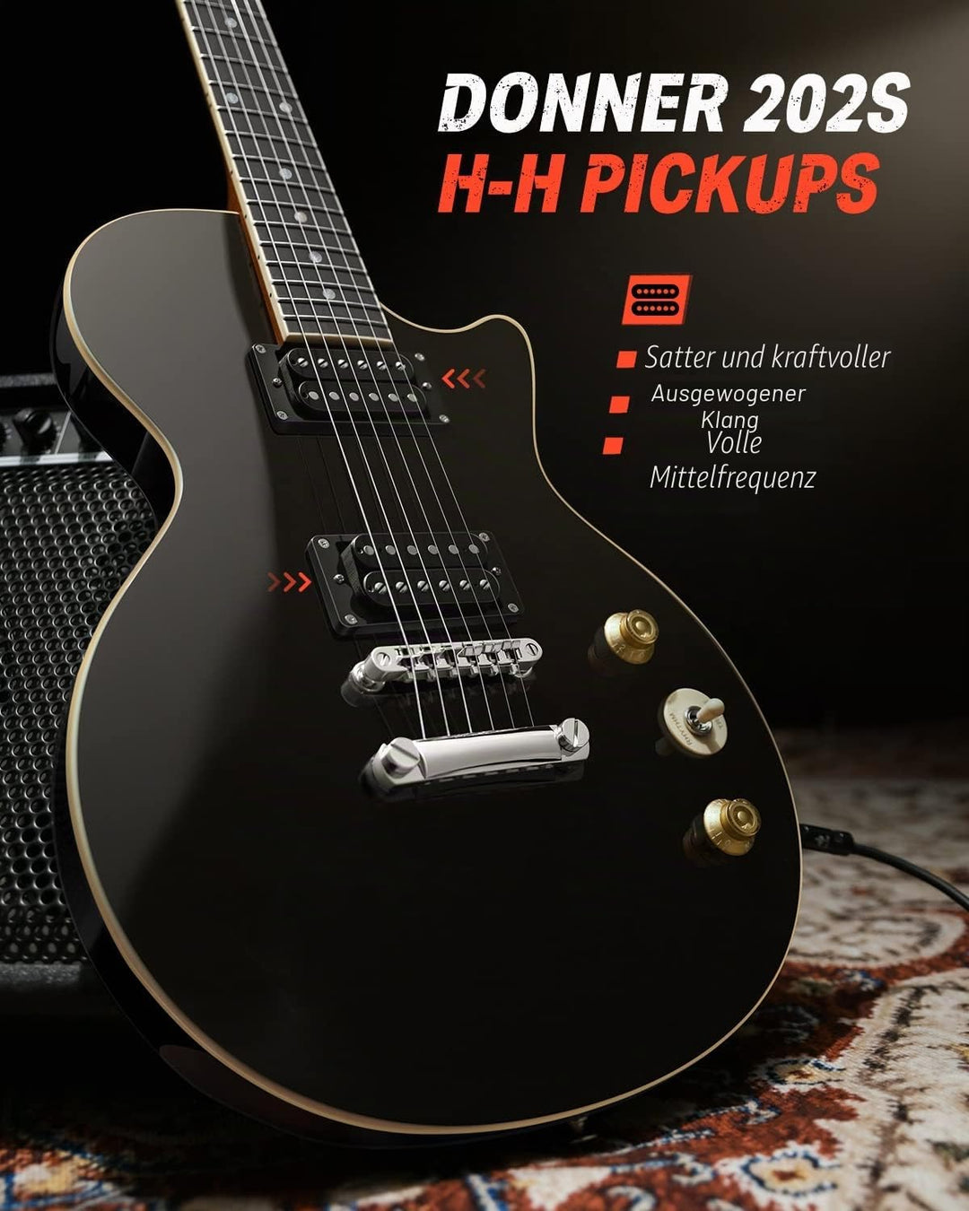 Donner E-Gitarre Set E Gitarren LP-Stil 39 Zoll Voller Grösse mit Tasche, Gurt, Kabel (Schwarz), Sch
