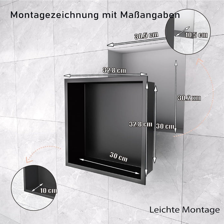 Wandmontierter Duschschrank Schwarz 30x30x10 cm Edelstahl-Duschablage mit unterputziger Basis, geeig