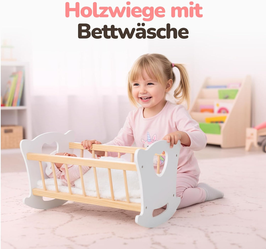 Kinderplay Puppenwiege Holz mit Bettwäsche – Puppenbett Schaukelbett für Puppen bis 49,5 cm – Holzsp