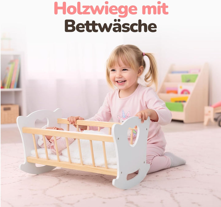 Kinderplay Puppenwiege Holz mit Bettwäsche – Puppenbett Schaukelbett für Puppen bis 49,5 cm – Holzsp