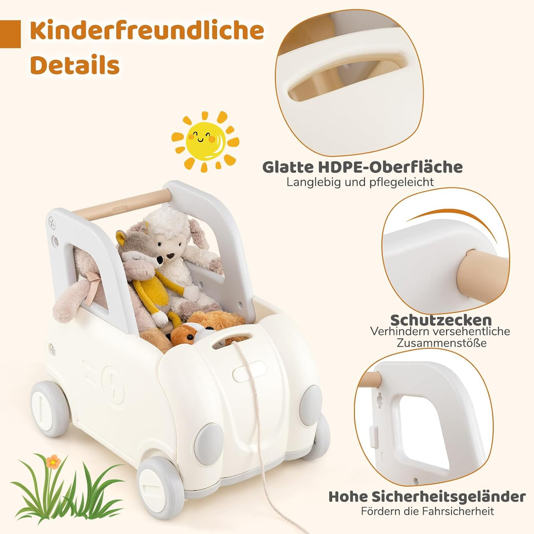 COSTWAY Baby Lauflernwagen, Lauflernhilfe mit Griff & Zugseil & Klappsitz, Spielzeugkiste auf Rädern