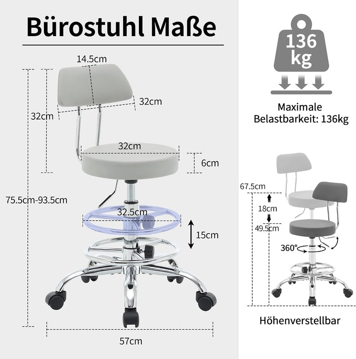 FIRAVOE Ergonomischer Büro-Zeichenstuhl, höhenverstellbarer Rollhocker mit Fussstütze 49,5–67,6 cm,