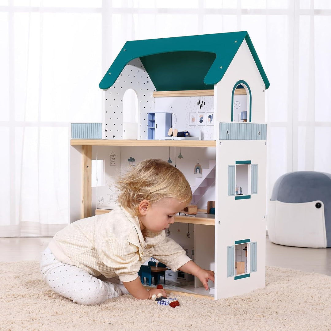 OOOK Puppenhaus Holz mit Hebbarer Aufzug, Puppenhaus Gross ab 3 Jahren Mädchen, Doll House for Girls