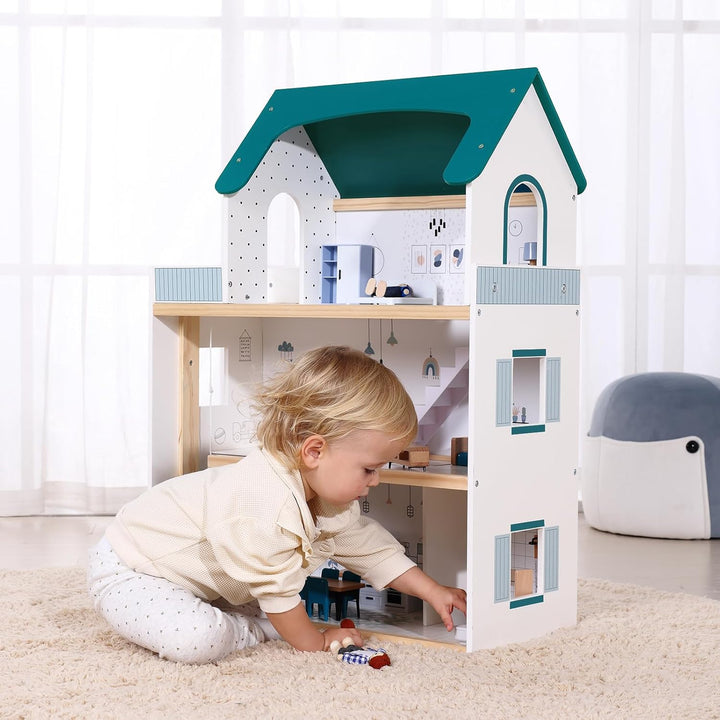 OOOK Puppenhaus Holz mit Hebbarer Aufzug, Puppenhaus Gross ab 3 Jahren Mädchen, Doll House for Girls