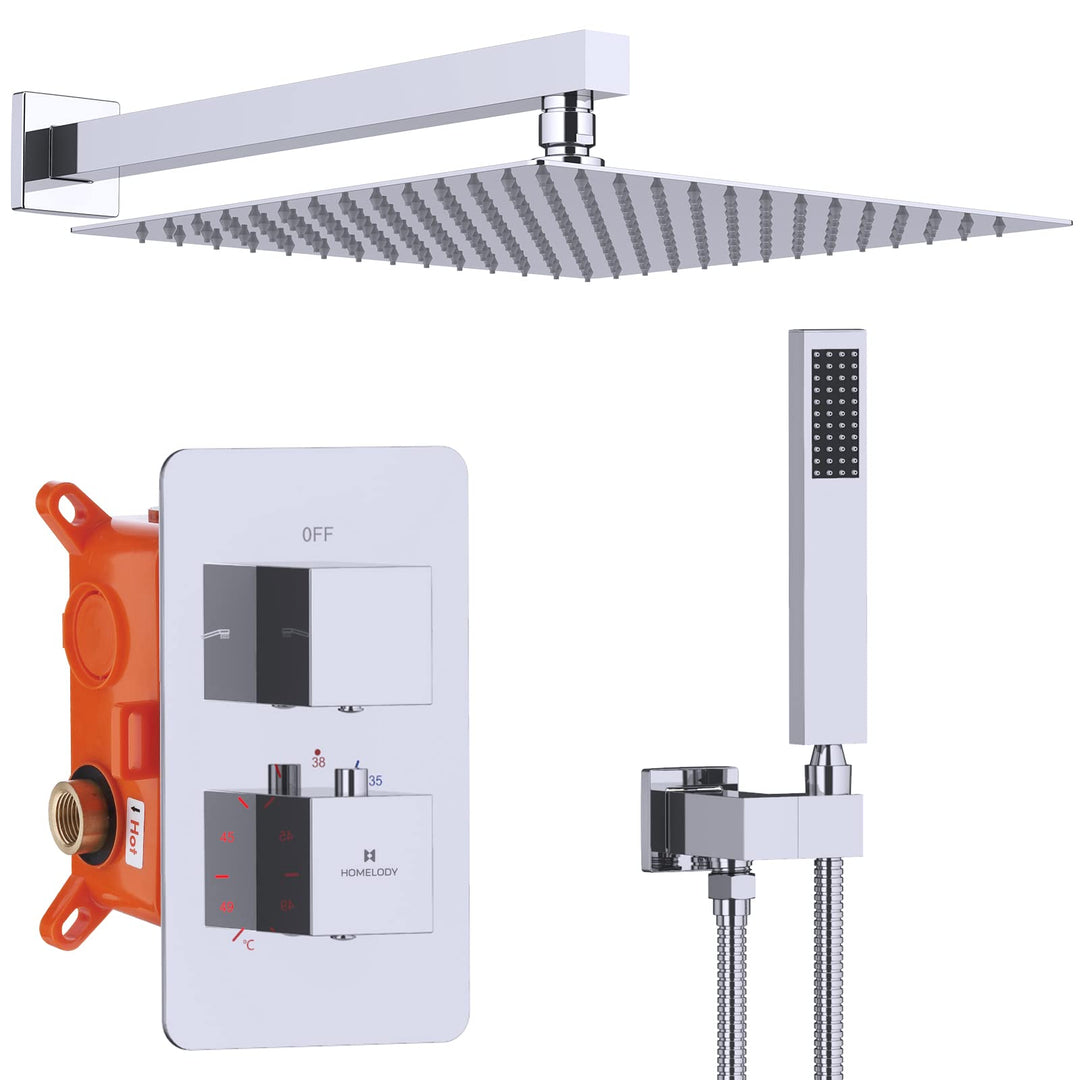 HOMELODY Regendusche Duschsystem mit Thermostat Unterputz Duscharmatur Eckig, Duschamaturenset Chrom
